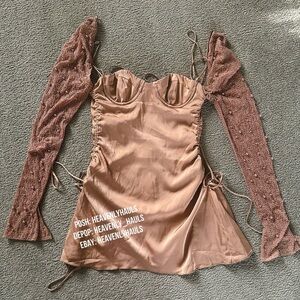 Oh Polly Geneva Nude Mini Dress w/ Embellished Sleeves - Beaded, strappy, flirty